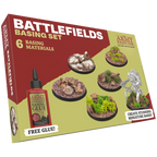 Battlefields Basing Set box by Army Painter, showing the retail packaging with a bottle of red glue and sample miniature bases on a plain white background.