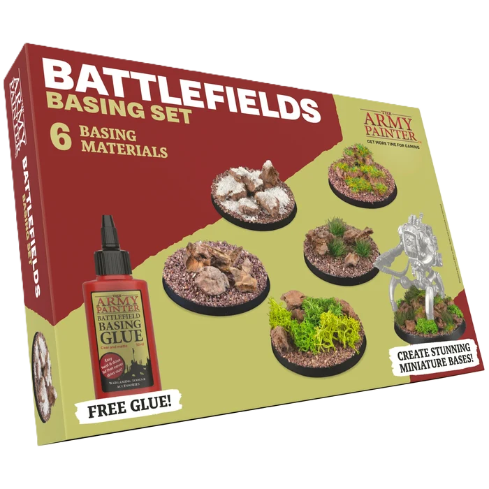 Battlefields Basing Set box by Army Painter, showing the retail packaging with a bottle of red glue and sample miniature bases on a plain white background.
