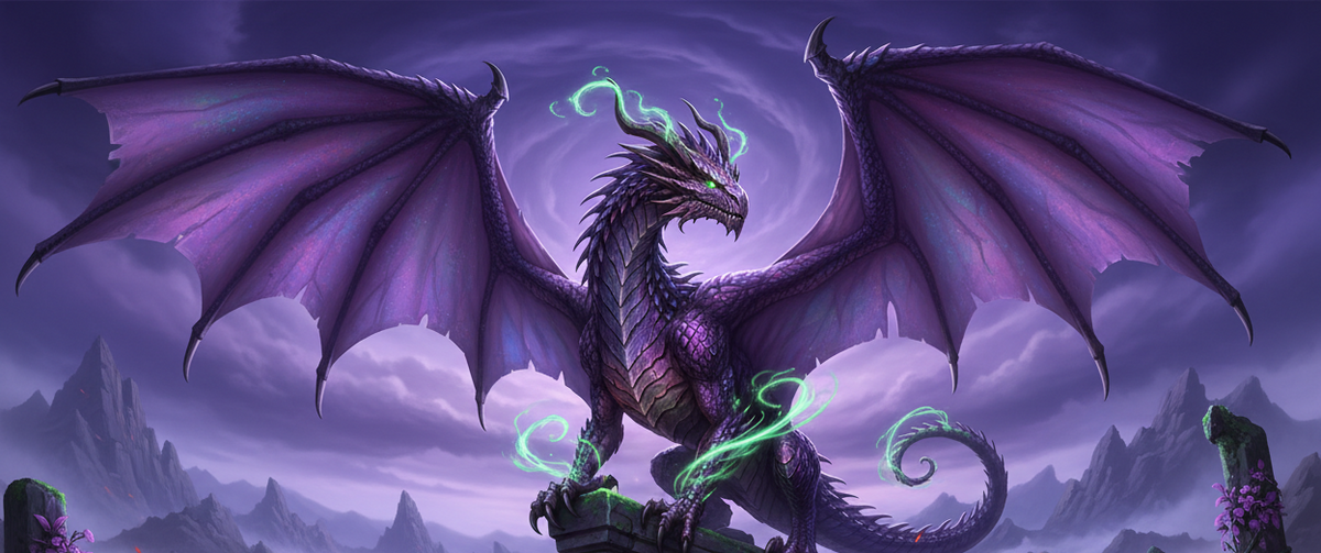 Purple dragon on a castle tower with a mystical landscape